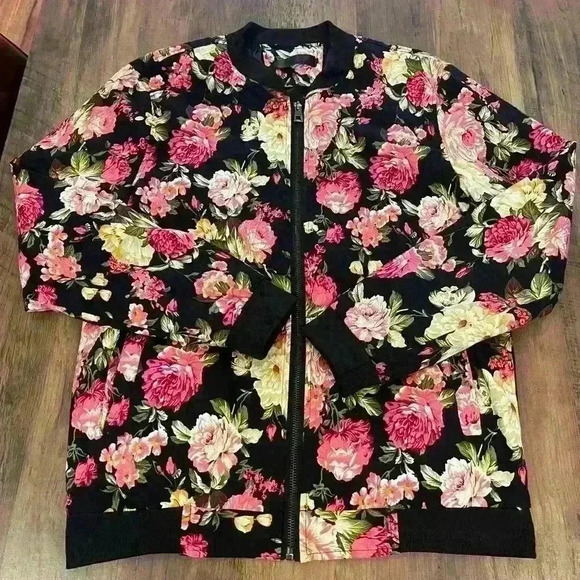 Retro Bright Pink and Black Floral Bomber‎ Jacket Medium  Zip Up Whimsigoth - Picture 1 of 4
